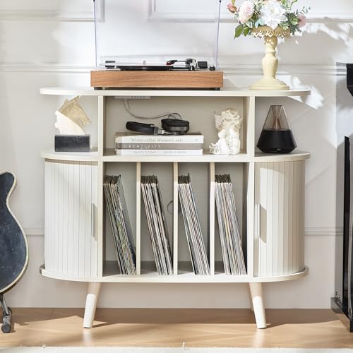 LELELINKY Large Round Record Player Stand with Charging Station & Fluted Display Shelf, White Mid Century Modern Turntable Cabinet with Vinyl Storage, Arched Wood Record Player Table for Living Room