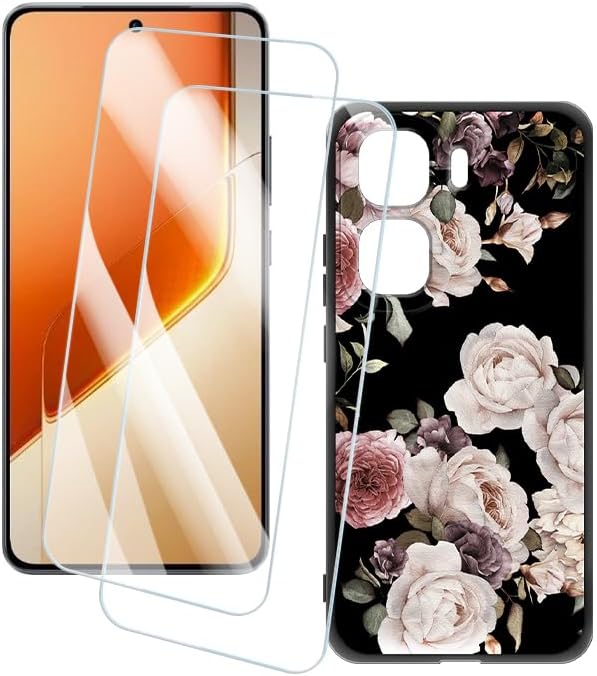2 Pack Screen Protector + Case Compatible with Vivo iQOO Neo 10 Pro+ 5G China (6.82 inch) Case Artistic Custom Printed Cover and Tempered Glass Film Anti-Scratch (Flowers)
