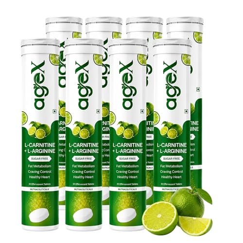 Image of L-Carnitine 500mg + L-Arginine 3000mg Effervescent Tablets | Pre-Workout, & Energy Booster for Weight Management & Stamina | Sugar Free | Helps Convert Fat into Energy - 160 Effervescent Tablets (Pack of 8), Lemon