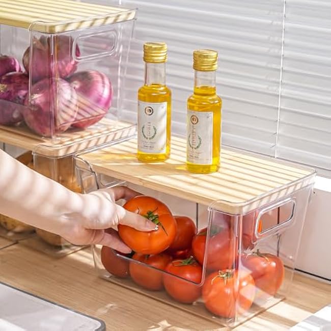 Pantry Organizer Storage Stackable with Bamboo Top for Kitchen Laundry Room Organizers, Large Trash Bag Holder and Garbage Bag Dispenser