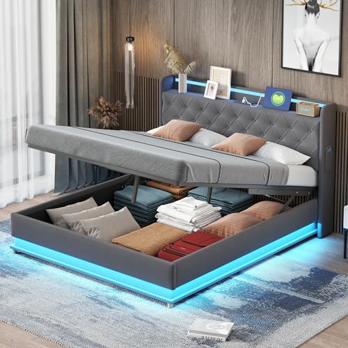 ECLIVON Cama Matrimonio 160x200 cm, Cama Tapizada con USB y Iluminación LED, Estructura Cama Doble con Almacenaje Hidráulica, Camas Matrimoniales con Láminas de Metálicas, Lino, Gris, Sin Colchón
