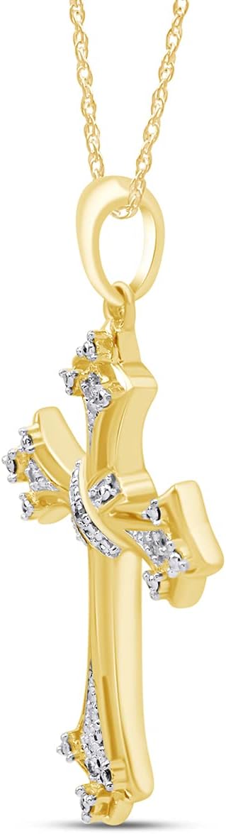 AFFY Round Shape White Natural Diamond Accents Cross Pendant Necklace In 14k Gold Over Sterling Silver
