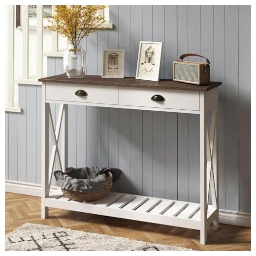 ChooChoo Farmhouse Console Table with Drawer for Entryway, Narrow Long Entry Table with Shelf for Living Room, Rustic Vintage Hallway Sofa Table with Stable X Supports, 40 White