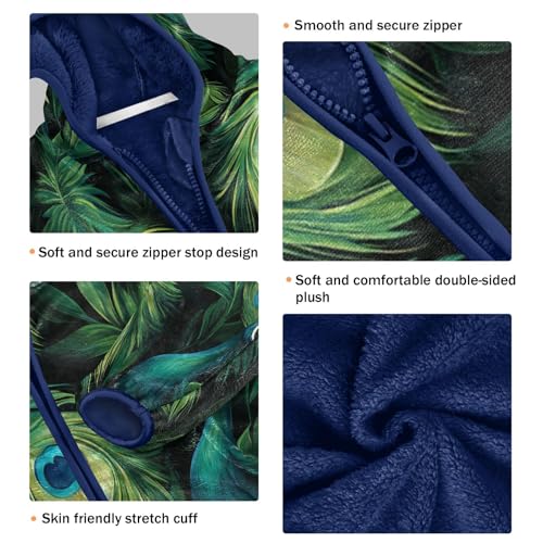 Watercolor Green Peacock Feathers Toddler Fleece Jacket Girl Boys Hooded Fleece Jacket Coat Warm Outwear Zip-up 3-10T3