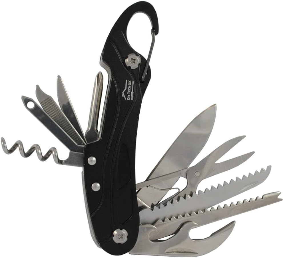 DIY TECH UK - 13 in 1 Pocket Multi Tool with UK Legal Folding Knife + Mini Multitool with Scissors, Corkscrew, Saw, Tin Opener, Screwdriver, Carabiner - Black - with Pouch