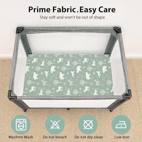Image of Baby Mini Crib Sheets Boy, Portable 38 inchx26 inch Pack and Play Sheets Fitted for Playard and Pack N Play Mattress, 3-Pack Soft Microfiber Green Forest Bear