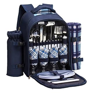 Apollo walker Picnic Backpack Set for 4 with Cooler Compartment,Detachable Bottle/Wine Holder Including Large Picnic Blanket(45"x 53") for Picnic Family and Lovers Gifts,Outdoor,BBQ Time (Blue)