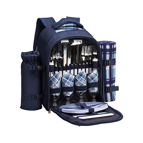 Apollo walker Picnic Backpack Set for 4 with Cooler Compartment,Detachable Bottle/Wine Holder Including Large Picnic Blanket(45"x 53") for Picnic Family and Lovers Gifts,Outdoor,BBQ Time (Blue)