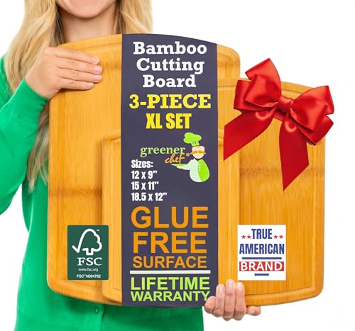 Comparison: Chefs Best Cutting Board 8 Bamboo Cutting Boards for Kitchen with Glue-Free Surface and Lifetime Replacements – Organic Wooden Chopping Board with Juice Grooves for Carving & Serving, Non Toxic & Durable by Greener Chef