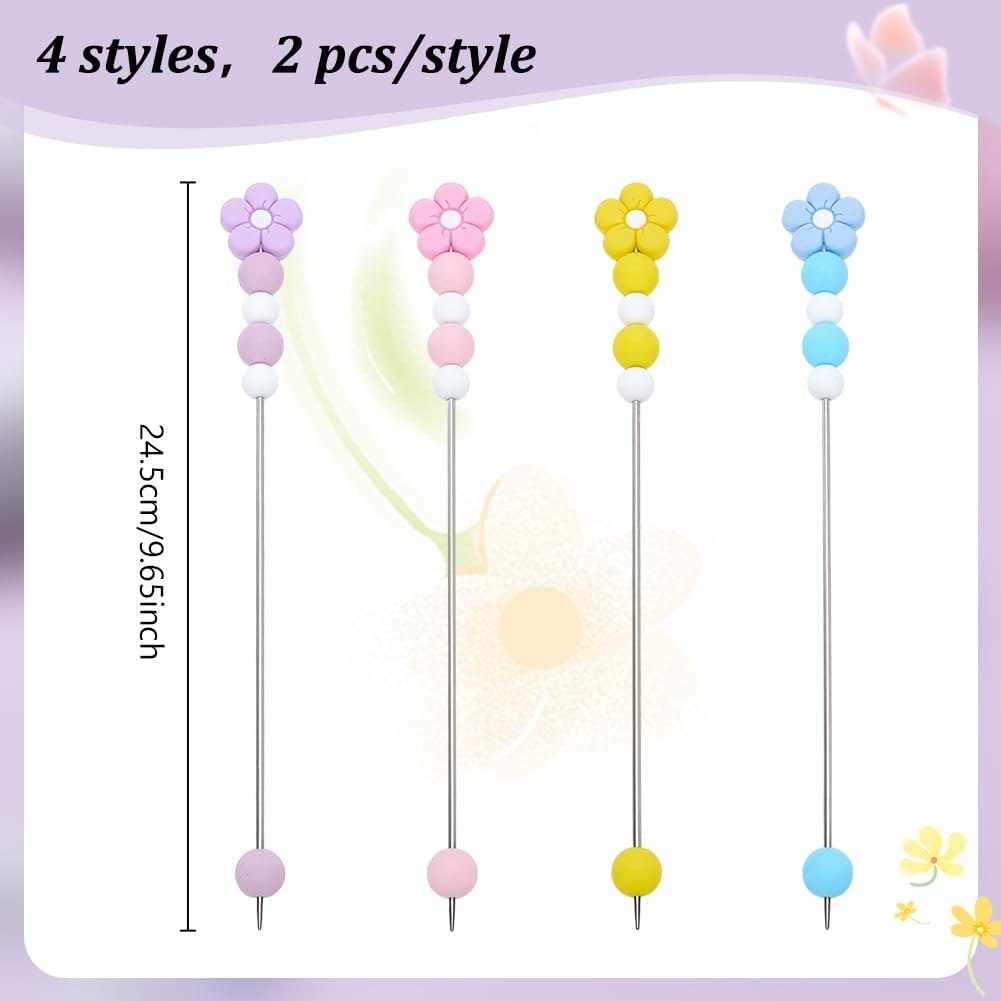 FREEBLOSS 8Pcs Knitting Needles with Flower Beads 4 Styles Double Pointed Crochet Sweater Needle Sewing Sticks Crochet Needles Knitting Supplies for Craft Supplies, 9.5'' Long 0.1'' Thick