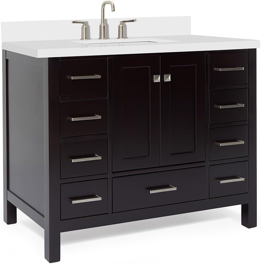 ARIEL Cambridge 42-inch Bathroom Vanity with Sink,Solid Wood, 1.5-inch Pure White Quartz Countertop, Single Rectangular Porcelain Sink, 2 Soft Closing Doors, 9 Dovetail Drawers, Espresso