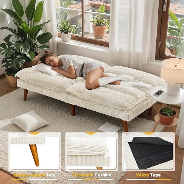 Flamaker Convertible Futon Sofa Bed Futon Couch with Adjustable Back Upholstered Sleeper Sofa Bed for Living Room Furniture (Corduroy, White)