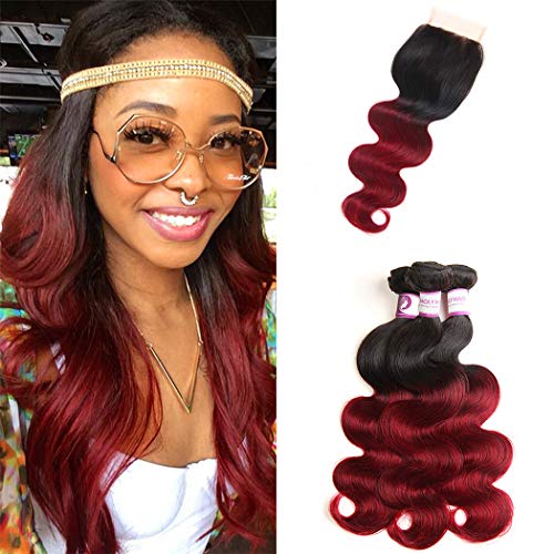1B/Burgundy Ombre Bundles with Closure 10A Grade Brazilian Body Wave Hair 3 Bundles with Lace Closure, 4x4 Inches Dark Red 99J Claret Wine Red Hair (16" 18" 20" & Closure 14")