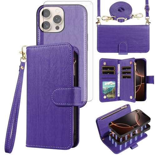Coque iPhone 16 Pro avec portefeuille amovible cuir rouge à bandoulière