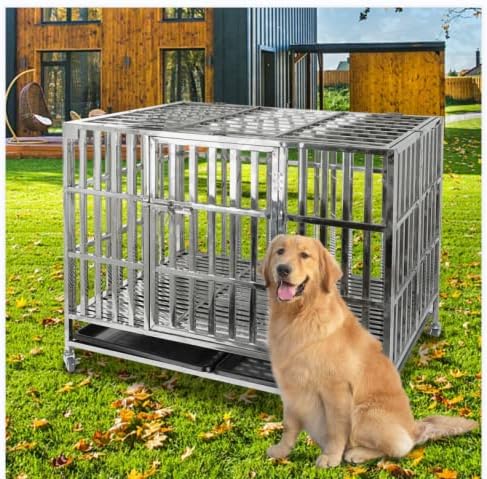 iptesgr 42in Heavy Duty Stainless Steel & Metal Dog Cage Kennel Crate and Playpen for Training Medium Dog Indoor Outdoor with Double…