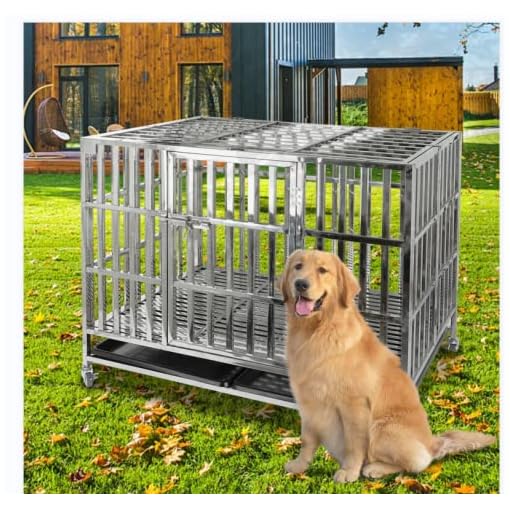 iptesgr 42in Heavy Duty Stainless Steel & Metal Dog Cage Kennel Crate and Playpen for Training