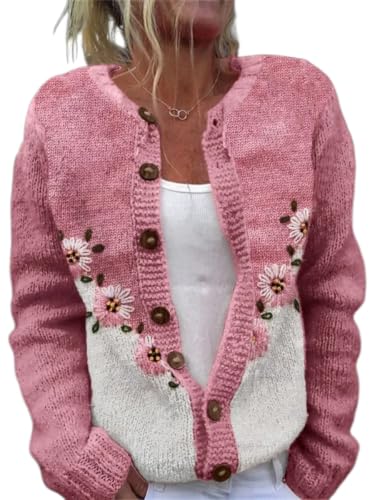 Image of Women's Funny Fall Winter Animal Floral Christmas Tree Long Sleeve Button Knit Cardigan Sweater