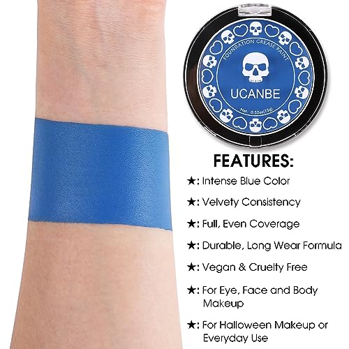 UCANBE Blue Face Body Paint Makeup Foundation, Professional Non-Toxic Greasepaint Palette for Adults Party, Cream Facepaints for Halloween Cosplay Theater Costume Stage SFX Dress-Up Makeup - Thumbnail 2