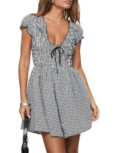 ensswliz Women's Y2k Gingham Mini Dress Short Sleeve Deep V Neck Smocked Waist Slim Plaid Dress (Black, S)
