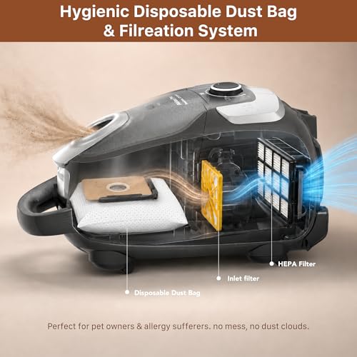 Image of Akitas C11 Bagged Canister Vacuum Cleaner, Light Weight HEPA Filtration, 33ft Cleaning Radius with Retractable Cord, Ideal for Hard Floors & Low-Pile Carpet Extra Floor Brush