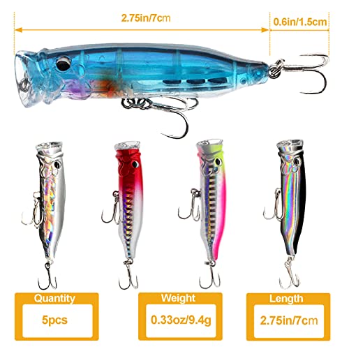 Aosethefrt 5 Pcs Topwater Fishing Popper Lure, Floating Saltwater Fishing Lures Bass Fishing Plugs Hard Baits For Stripr Pike Salmon, (2.75Inch,0.33Oz) #TOP2