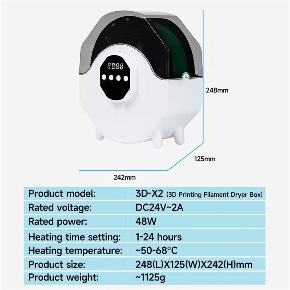 Filament Dryer for PLA/ABS/PETG/PVA/ePA-CF/ePA-GF/PC/TPU-95A Filament Storage Box 48W Fast Drying,50-68℃ Digital Thermostat,24h Timer 3D Printing Filament Dehydrator