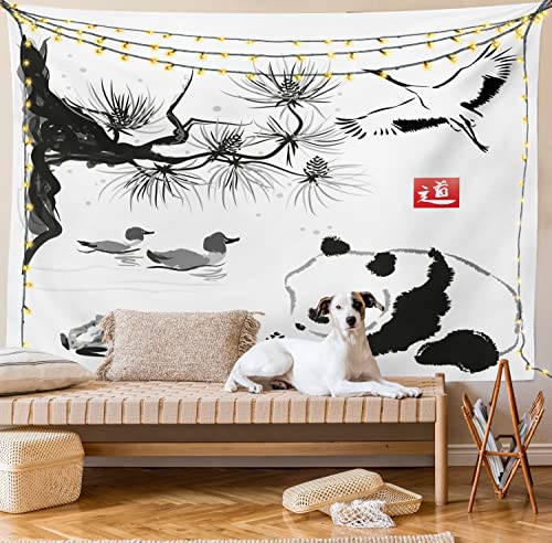 Ambesonne Asian Tapestry, Bird Cedar Panda Bear Traditional Japanese Painting Style Art Hieroglyph Way, Wall Hanging For Bedroom Living Room Dorm Decor, 40" X 60", Black Coral #TOP7