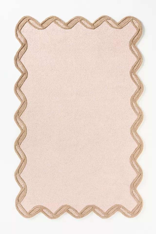 Hand-Tufted Scalloped Border Rug Wool Area Rug, Thick & Durable Living Room Rug, Regular Shape Area Rugs for Living Room, Bedroom & Office – Biege Pinkish Wool Carpet | 1x1 Ft (Sample)