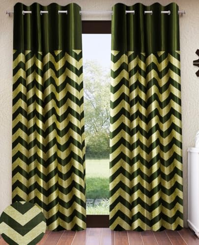 Image of Home Sizzler 2 Pieces Solid Patch Zigzag Print Eyelet Polyester Window Curtain - 5 Feet, Green