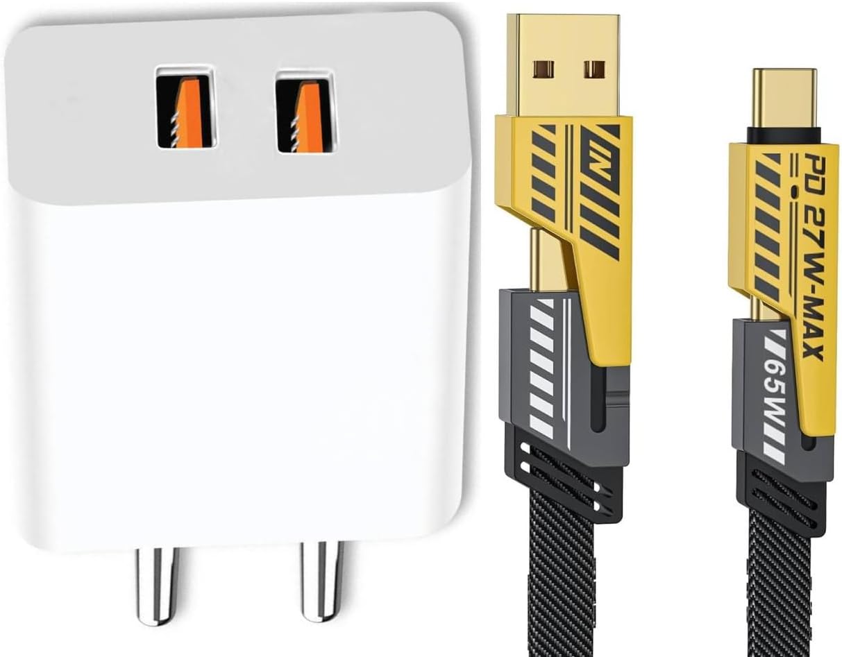 48W Charger for Lenovo Tab M9 Dual USB Port High Speed Turbo Charge QC 3.0 Smart with 1.2m 4-in-1 Metal Flat Braided Indestructible Multi Cable iOS Type-C USB Cable (White, ST.A)