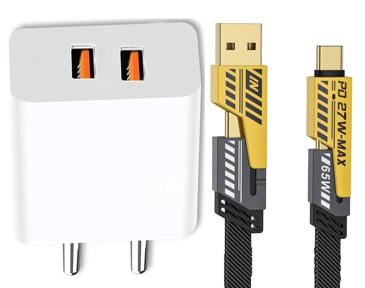 48W Charger for Lenovo Tab M9 Dual USB Port High Speed Turbo Charge QC 3.0 Smart with 1.2m 4-in-1 Metal Flat Braided Indestructible Multi Cable iOS Type-C USB Cable (White, ST.A)