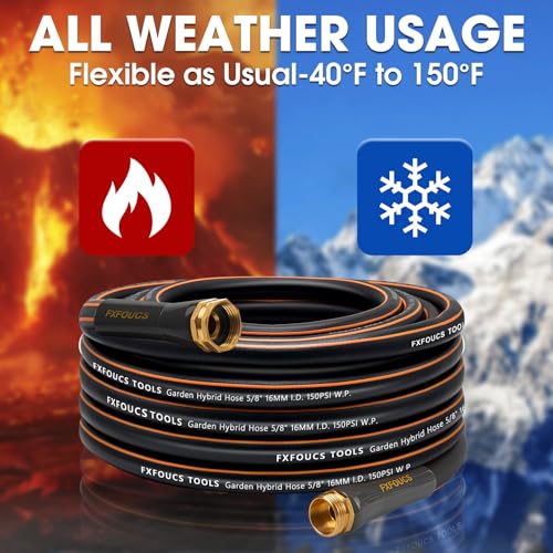 FXFOUCS Heavy Duty Garden Hose – 5/8 Inch Flexible, Lightweight Hybrid Hose with 600 PSI Burst Pressure, Swivel Handle,All-Weather Water Hose, Durable Copper Male/Female Fittings (Black, 50FT)