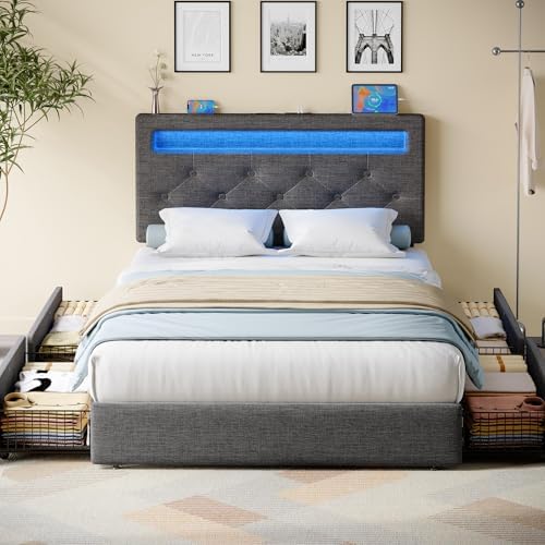 Rolanstar Twin Bed Frame with 4 Storage Drawers and Charging Stat...