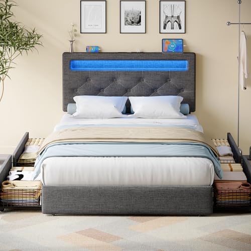 Rolanstar Twin Bed Frame with Storage Drawers and LED Lights image
