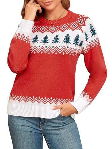 ZAFUL Women's Ugly Christmas Tree Knitted Sweater Long Sleeve Floral Printed Pullover Tops