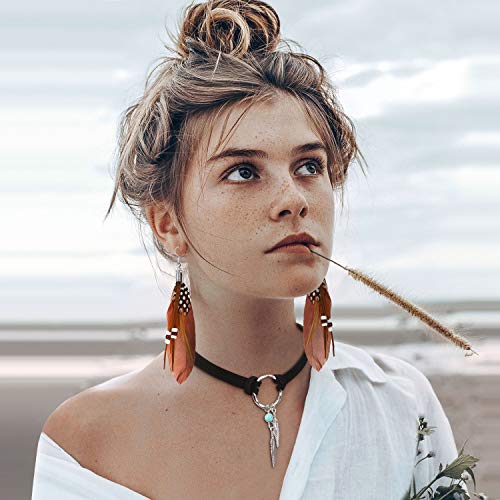 Hicarer 2 Sets Native American Jewelry Set for Women 2 Pieces Faux Suede Choker Necklace Faux Leather Choker and 2 Pairs Bohemian Artificial Feather Earrings Boho Dream Catcher Earring Western Jewelry3