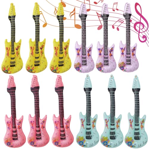 Inflatable Guitar, 12 Pcs Blow Up Toy Guitar with 4 Colors, Inflatable Instruments for Parties, Music Festival Props, Rock-Themed Party Decorations, 97x29cm When Inflated