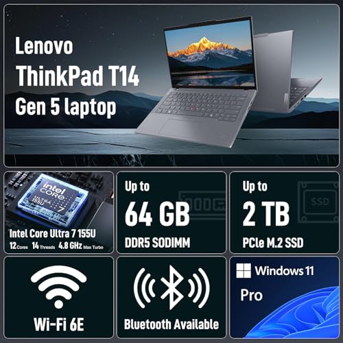 Image of Lenovo ThinkPad T14 Business AI Laptop, 14 inch FHD+ IPS, Intel Core Ultra 7 155U, 32GB DDR5, 512GB SSD, 5MP Webcam, Fingerprint, Backlit, Wi-Fi 6E, Thunderbolt 4, Windows 11 Pro, 7-in-1 USB-C Hub Bundle