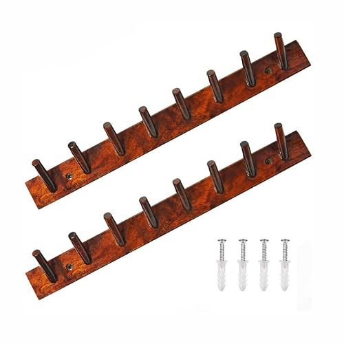 Lakdi-Baaz | Wooden Wall Hook Strip Set of 2 – 8 Peg Hanger in Teak Finish | Decorative Wooden Wall Hanger for Clothes, Coats, Towels, Keys, Kitchen & Bathroom Use