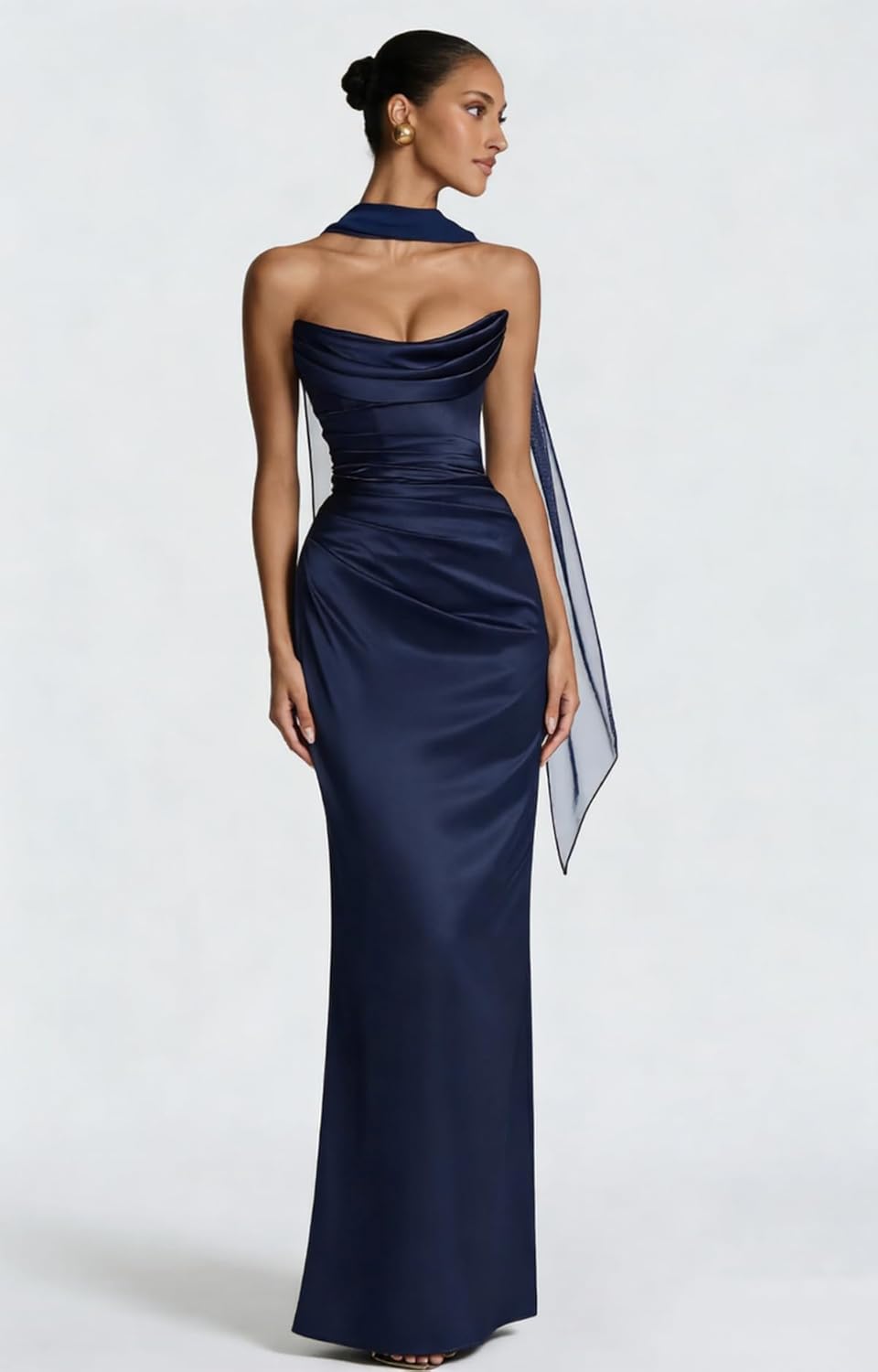 Satin Strapless Bridesmaid Dresses 2026 Strapless Bodycon Neck Scarf Long Prom Formal Evening Dress