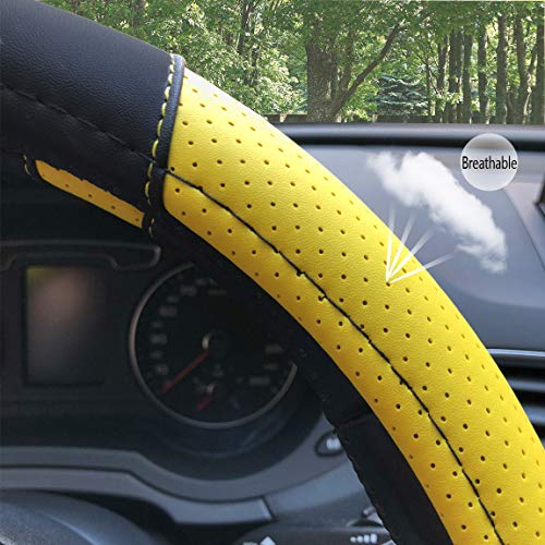 Binsheo Leather Steering Wheel Cover, Breathable, Anti Slip & Odor Free, Black And Yellow #TOP4