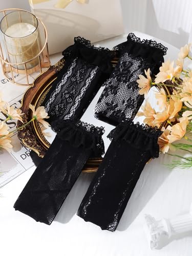 Image of Geyoga 4 Pcs Womens Lace Ankle Socks Ruffle Frilly Socks Mesh Lace Trim Socks Lolita Socks Ankle High Socks for Women(Black)