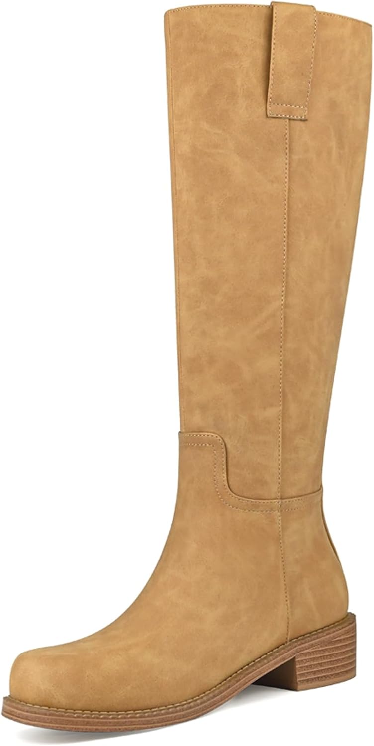 Knee High Boots Women Flat Low Heel Side Zipper Fall Winter Faux Leather Long Tall Riding Boots