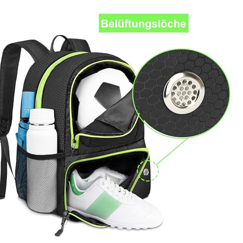 Szukastai Fußball Rucksack, Basketball Rucksack mit Ballfach & Schuhfach Leicht Sportrucksack Wasserfest Sportausrüstungstasche für Fußball, Volleyball, Basketball