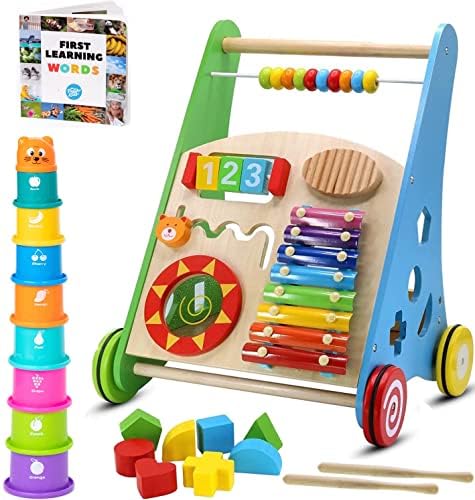 PIDOKO KIDS Wooden Baby Walker - Baby Activity Center Toys for 1 Year Old Boy Girl | Push Walker Toy For Babies - Baby Walkers For Girls Boys 12-18 Months | First 1st Birthday Gifts Toddlers Book Cups