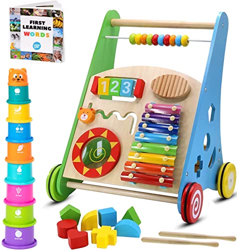 Image of Pidoko Kids Wooden Baby Walker - Baby Activity Center Toys for 1 Year Old Boy Girl | Push Walker Toy For Babies - Baby Walkers For Girls Boys 12-18 Months | First 1st Birthday Gifts Toddlers Book Cups