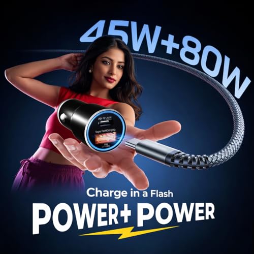 Image of 45W Fast Car Charger with 3-in-1 Cable | PD & QC Super Fast Charging | Type-C + USB-A Output | Supports Dash, Warp, VOOC |Compatible with Cars for iPhone & Android Smartphone (Black)