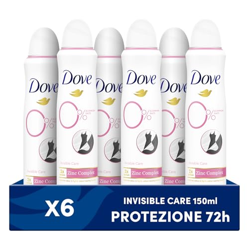 Dove Deodorante Spray 0% Invisible Care, Formula Idratante e Anti-macchia, Senza Alcol e Sali di Alluminio, Protezione Fino a 48 Ore, Deodorante Uomo e Donna, 6 Pezzi da 150ml