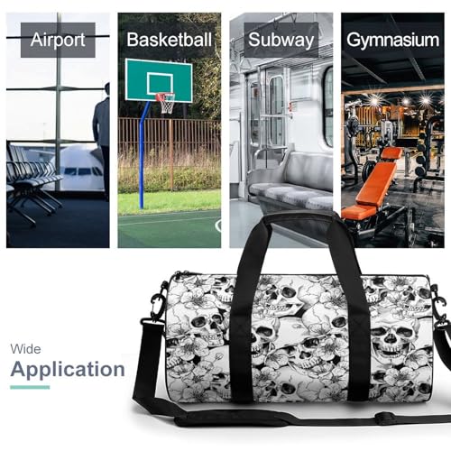 Flowers Cherry Black White Floral Skulls Large Capacity Cylindrical Fitness Bag, Hand-held Fitness Bag3