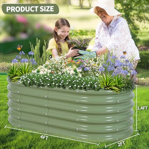 Permade Galvanized Raised Garden Bed - 4x2x1.4FT Metal Planter Boxes Outdoor | Oval Steel Raised Bed Kit for Gardening with Protective Tape, Gloves for Vegetables, Flower, Herb (Green) by Permade - Image 8